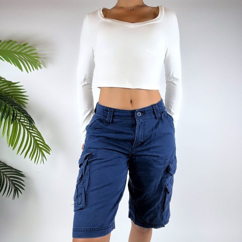 Vintage Y2K Blue Gorpcore Indie Low Rise Skater Utility Cargo Shorts / Sz: 14